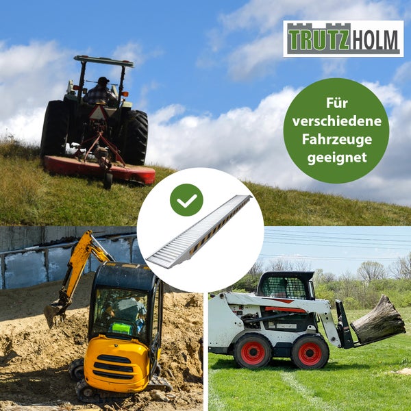 Trutzholm Logo. Eine Auffahrschiene aus Aluminium, geeignet für verschiedene Fahrzeuge wie Traktoren, Bagger und Radlader. Symbol für Eignung.