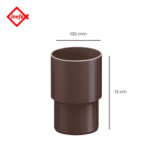 Inefa Muffe aus Kunststoff in Braun für Regenfallrohre, Durchmesser 100 Millimeter, Höhe 13 Zentimeter. Inefa Logo.