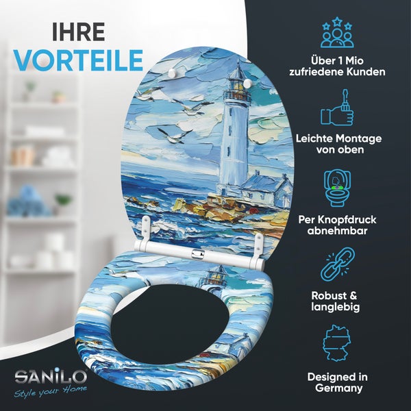 Toilettendeckel mit Leuchtturm Motiv inklusive Vorteile wie einfache Montage, abnehmbar und langlebig, Sanilo Logo.