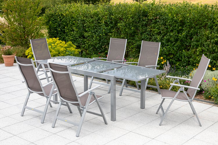 Carrara Gartenmöbelset 7tlg., Semi Ausziehtisch 150 (220) x 90 cm, taupe