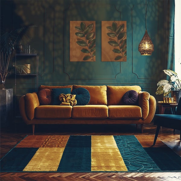 Wohnzimmer mit gelbem Sofa, gemustertem Teppich und dekorativen Elementen