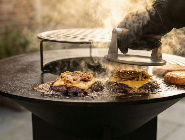 Cheeseburger mit Röstzwiebeln auf einer runden Grillplatte, eine Person nutzt eine Burgerpresse aus Edelstahl in einer hellen Umgebung.