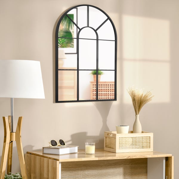 HOMCOM Wandspiegel Fensterspiegel 91 x 60 cm Flurspiegel mit Metallrahmen Hängespiegel Dekospiegel Ganzkörperspiegel für Wohnzimmer Schlafzimmer Schwarz