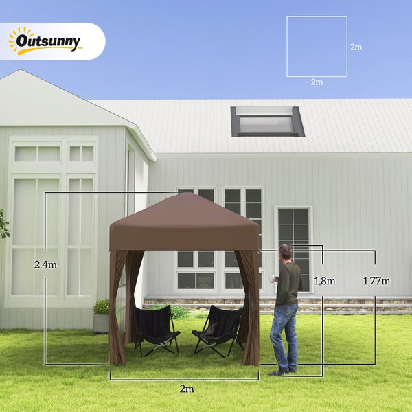 Outsunny Pavillon 2x2m Wasserdicht, Pop-up Faltpavillon mit 4 Seitenwänden, Abflusslöcher Fenster, faltbar Partyzelt UV 30+, Gartenzelt mit Tragetasche, Gartenpavillon für Terrasse, Braun
