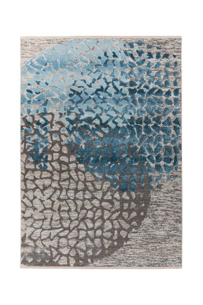 Rechteckiger Teppich mit abstraktem Muster aus überlappenden Kreisen in Blau, Grau und Braun.