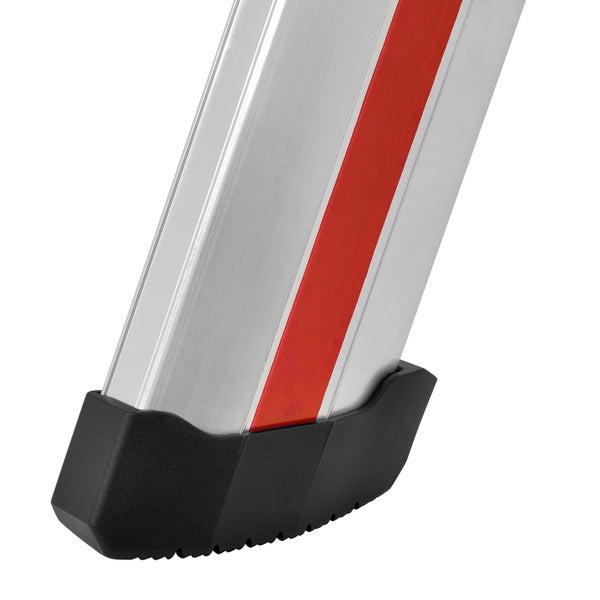 Detailansicht eines Leiterfußes aus Aluminium mit rotem Streifen und schwarzer Fußkappe