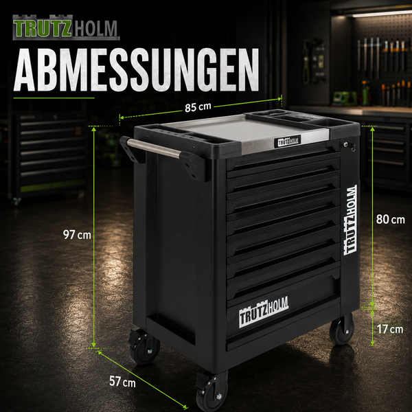 Trutzholm Werkstattwagen, Abmessungen: Höhe 97 Zentimeter, Breite 85 Zentimeter, Tiefe 57 Zentimeter, Schrankhöhe 80 Zentimeter. Trutzholm Logo.