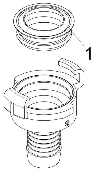Explosionszeichnung einer Schlauchkupplung mit Dichtungsring, markiert mit der Nummer eins.
