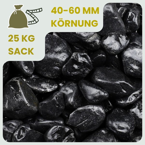 Schwarze Zierkiesel, Körnung 40 bis 60 Millimeter im 25 Kilogramm Sack