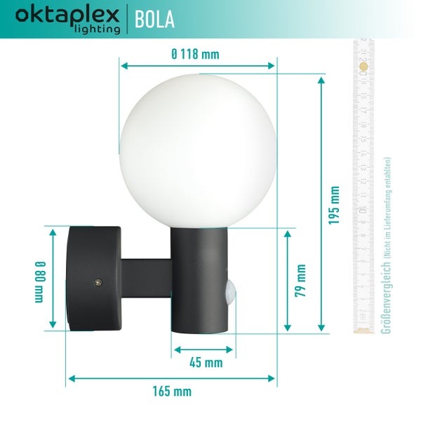 Bola LED Außenlampe mit Bewegungsmelder warmweiß 3000K 1600lm IP65 runde Wandleuchte anthrazit 230V