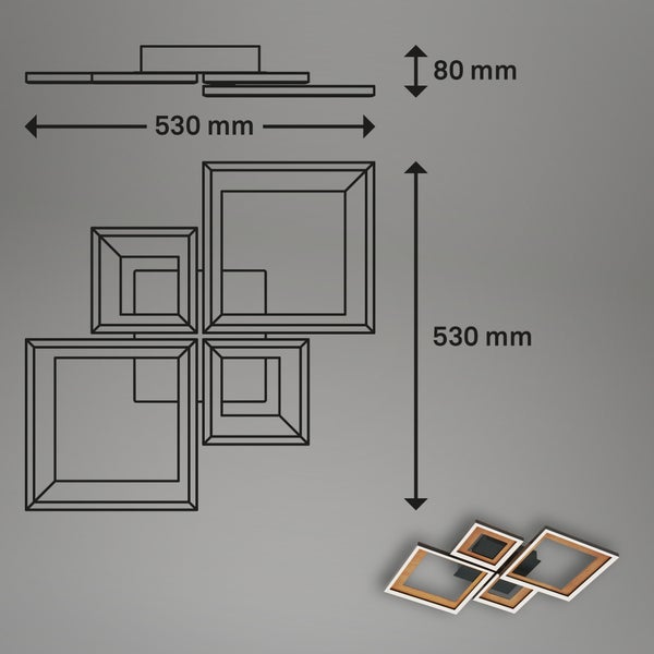 Maßzeichnung einer Deckenleuchte mit vier quadratischen Elementen, Breite 530 Millimeter, Länge 530 Millimeter, Höhe 80 Millimeter.