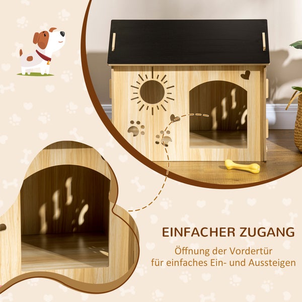 PawHut Hundehütte aus Holz Kleintierhaus mit Lüftungsöffnungen Hundehaus mit Dach Hundehöhle Indoor MDF Eiche+Schwarz 69 x 50 x 58,5 cm