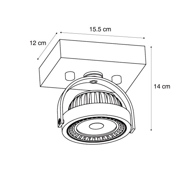 Technische Zeichnung eines schwenkbaren LED Deckenstrahlers mit Bemaßung von 15,5 Zentimeter mal 12 Zentimeter mal 14 Zentimeter.