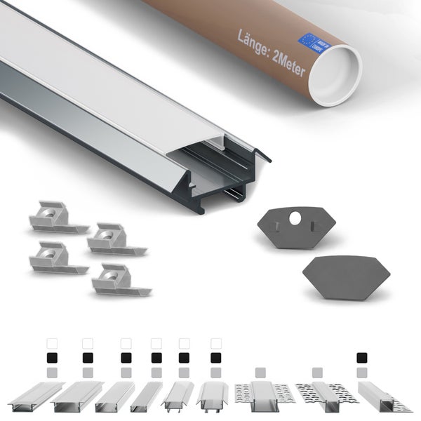 LED Aluminium Einbauprofil Set zwei Meter inklusive Abdeckung, Endkappen und Befestigungsclips zur Montage von LED Streifen.