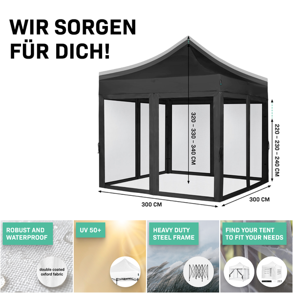VONROC Pavillon 3x3m wasserdicht stabil - Partyzelt EasyUp System [3Min Aufbau] Popup Faltpavillon modular erweiterbar als Festival Zelt, Gartenpavillon