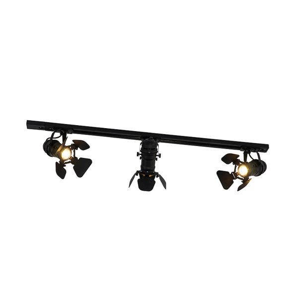 Schwarzes Schienensystem mit drei Spotlights im Industrial Design mit verstellbaren Flügelklappen.