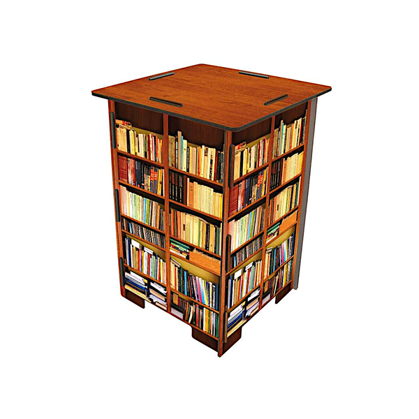 Freistehendes, quadratisches Bücherregal aus Holz mit vielen Fächern zur Aufbewahrung von Büchern.