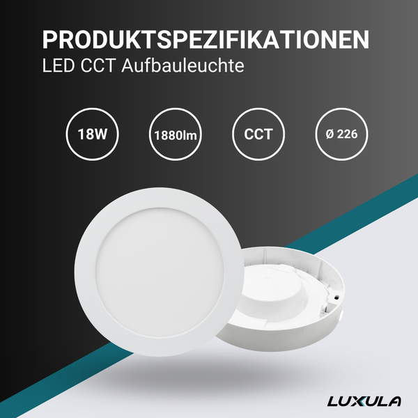 LED CCT Aufbauleuchte mit 18 Watt, 1880 Lumen und 226 Millimeter Durchmesser