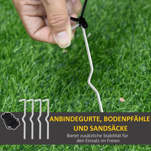 Bodenpfahl aus Metall wird in den Rasen gesteckt, mit Anbindegurt zur Stabilisierung im Außenbereich.