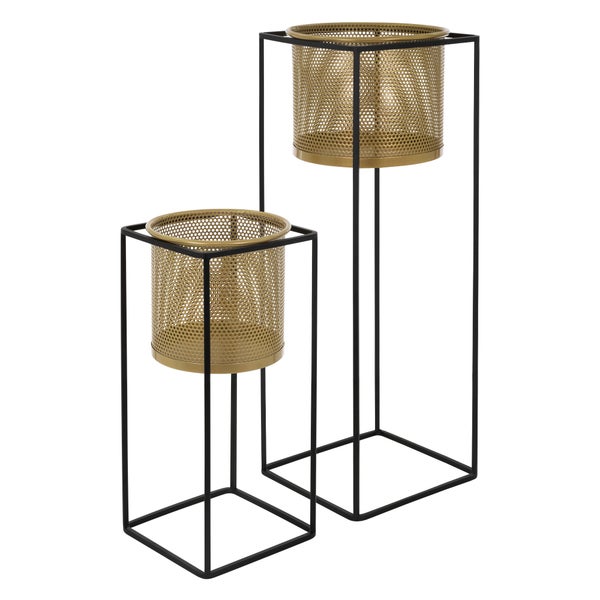 ML-Design Blumenständer 2er Set, Schwarz-Gold, 21x21x47/25x25x71 cm, aus Stahl, Blumentopfständer mit Übertopf, Metall Pflanzenständer, Blumentopfhalter 2-tlg, Pflanztopf Deko Blumensäule Blumenhocker