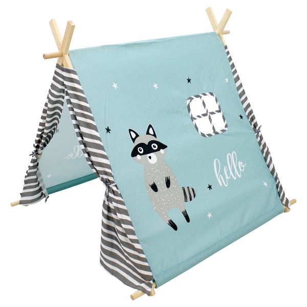 ECD Germany Tipi Spielzelt für Kinder, 108x105x117cm, Indianerzelt Türkis mit Waschbär Motiv, drinnen/draußen, Teepee Kinderzelt mit 2 Türen & einem Fenster, Kinderzimmer Spielhaus für Mädchen/Jungen