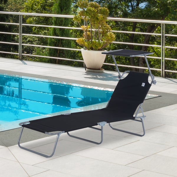 Outsunny Sonnenliege, klappbar, mit Sonnenschutz, 187 x 58 x 36 cm, Metall, Oxford-Gewebe, Schwarz