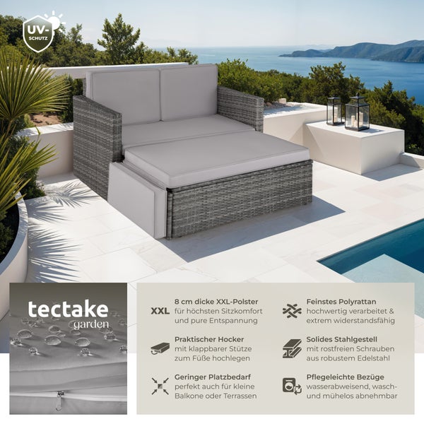 Rattan Lounge tectake Korfu Hocker mit klappbarer Stütze 2-Sitzer grau