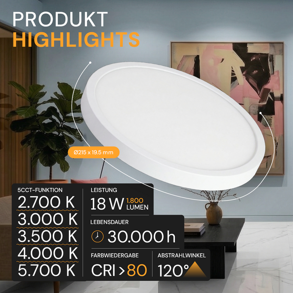 Runde LED Deckenleuchte, fünf Farbtemperaturen, 18 Watt, 1800 Lumen, 120 Grad Abstrahlwinkel, 30000 Stunden Lebensdauer, Durchmesser 215 Millimeter.