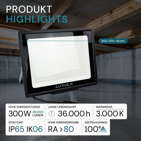 Luxula LED-Flutlichtstrahler mit 300 Watt, 30000 Lumen und Schutzart IP65 IK06