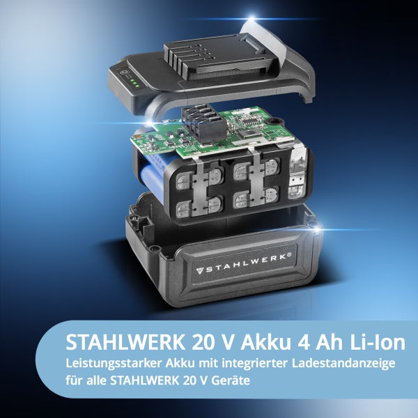 STAHLWERK 20 Volt Akku mit 4 Amperestunden Li-Ionen Technologie, zerlegt dargestellt