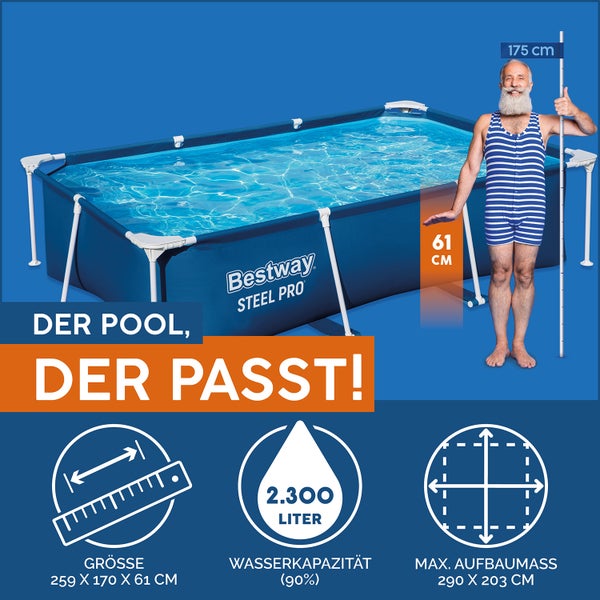 Bestway Steel Pro Frame Pool, rechteckig, 259 mal 170 mal 61 cm, Wasserkapazität 2300 Liter, mit Größenvergleich zu einer Person.