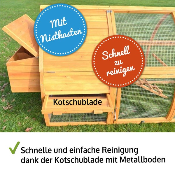 Hühnerstall aus Holz mit Nisthasten und ausziehbarer Kotschublade mit Metallboden für schnelle Reinigung.
