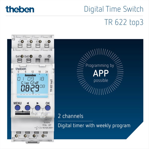 Theben 6220130 TR 622 top3 - digitale 2-Kanal Zeitschaltuhr mit 2 externen Eingängen und App-Programmierung, perfekt für LEDs, Zeitschalter