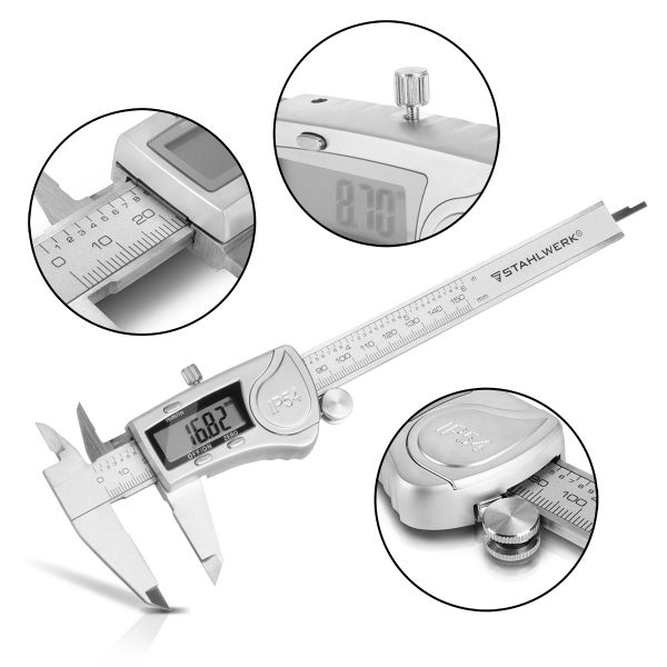Stahlwerk digitaler Messschieber aus Metall mit LCD-Anzeige, Millimeter- und Zoll-Skala, inklusive Detailansichten.
