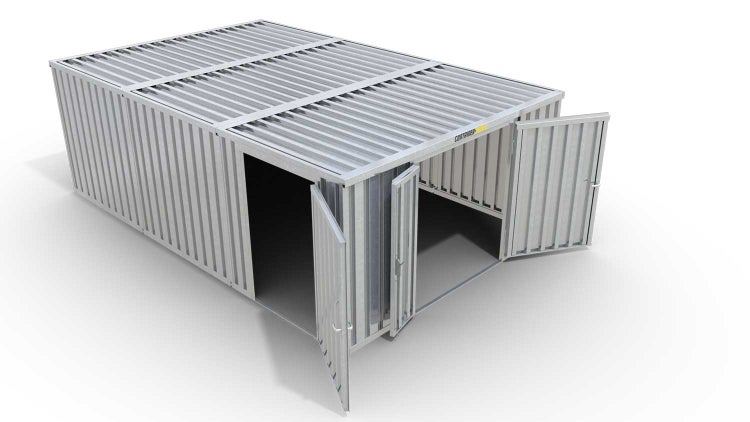 Lagercontainer Gerätehaus M3  – 18 qm, H2115 x B3050 x T6520 mm, verzinkt, ohne Fußboden, 1830 mm Doppelflügeltür mittig in Stirnseite und 1270 mm Einflügeltür mittig in Modul C, zerlegt
