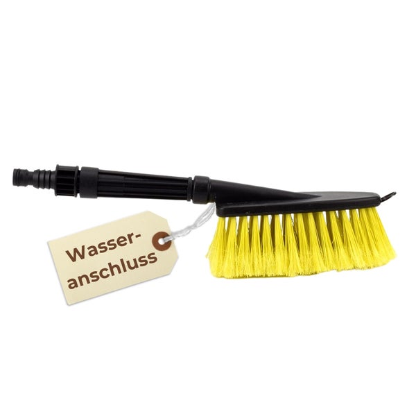 Waschbürste mit schwarzem Griff, gelben Borsten und integriertem Wasseranschluss für den Gartenschlauch.