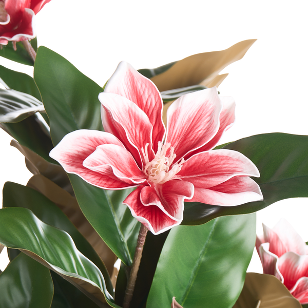 Künstliche Magnolie mit rosa-weißen Blüten und grünen Blättern.