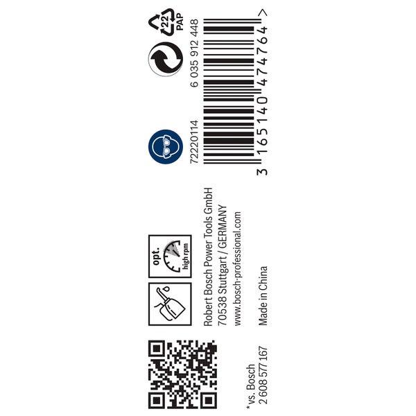 Verpackungsdetails des Produkts mit Recycling Symbol, Barcode, Herstellerinformationen, Symbol für Augenschutz und Hinweis auf hohe Drehzahl.