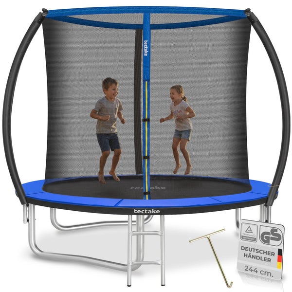 tectake Gartentrampolin mit Sicherheitsnetz und Leiter, Durchmesser 244 Zentimeter, mit zwei springenden Kindern