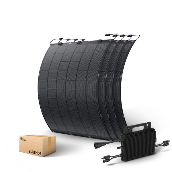 Balkonkraftwerk Komplettset mit vier flexiblen Solarmodulen, einem Mikrowechselrichter und einer Box für Zubehör.