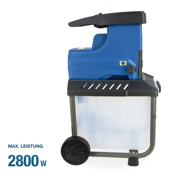 Elektro-Leisehäcksler mit einer maximalen Leistung von 2800 Watt, transparenter Fangbox und Rädern.