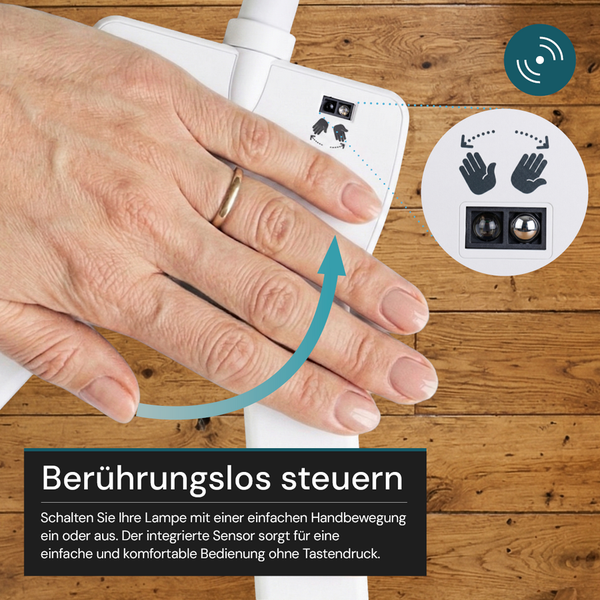 Berührungslose Steuerung einer Lampe durch Handbewegung vor einem integrierten Sensor.