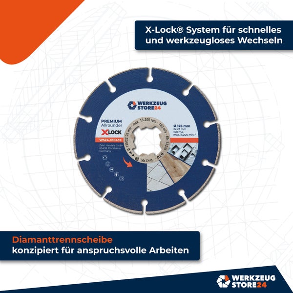 Diamanttrennscheibe mit X-Lock System für schnellen werkzeuglosen Wechsel