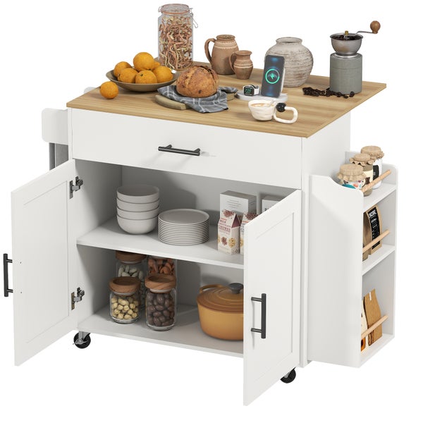 Mobiler Küchenwagen in Weiß mit Arbeitsplatte in Holzoptik, einer Schublade, zwei Türen und seitlichen Regalfächern.
