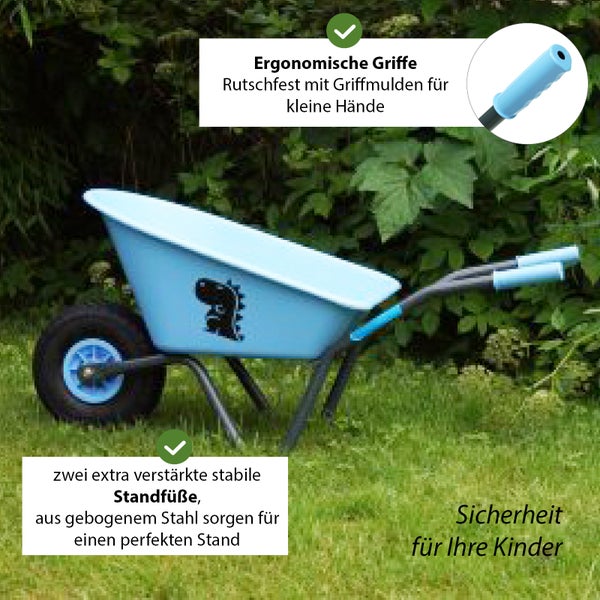 Kinderschubkarre mit rutschfesten ergonomischen Griffen und verstärkten Stahlstandfüßen für sicheres Spielen im Garten.