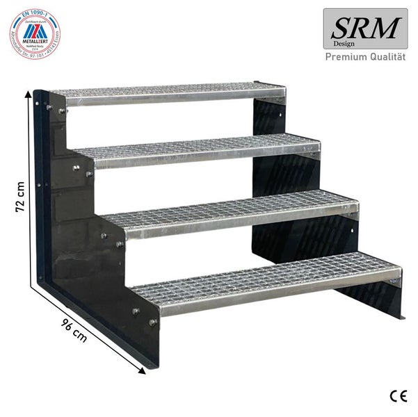 Stahltreppe, 4 Gitterroststufen, schwarze Wangen, Höhe 72 Zentimeter, Tiefe 96 Zentimeter, SRM Design Logo, EN 1090-1 zertifiziert, CE Kennzeichnung.