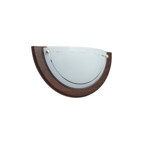 Halbrunde Wandleuchte mit dunkelbraunem Holzrahmen und weißem satiniertem Glas.