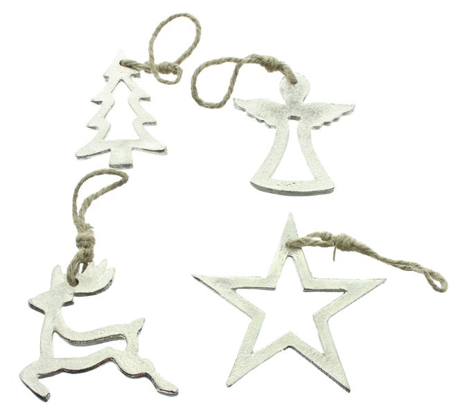 FRANK FLECHTWAREN | Hänger Silberweihnacht, 4er Set, H: 8-12 cm, METALL, JUTE
