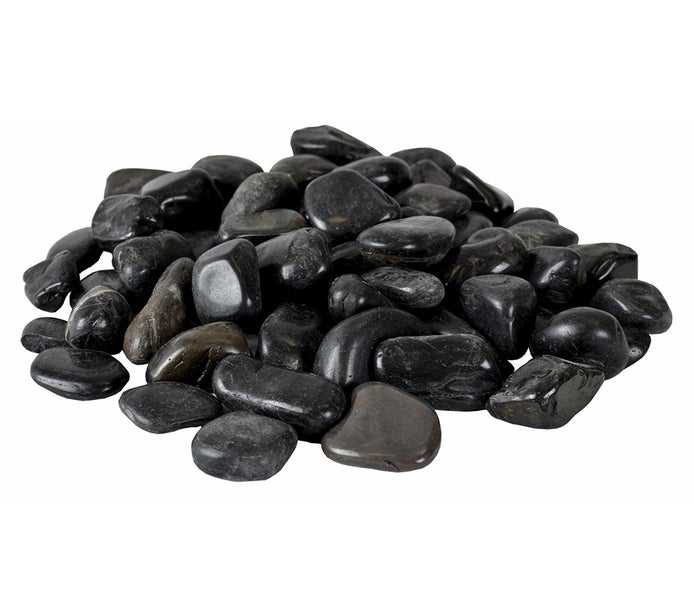 Schwarze glatte Zierkiesel und Flusssteine für Garten und Dekoration.
