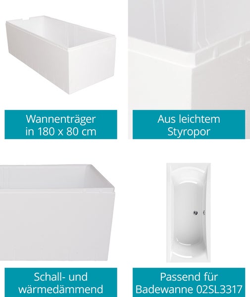 Calmwaters® Wannenträger 180 x 80 cm Modern Curved, Passend für Rechteck-Badewanne 180x80 cm, Styroporträger, Schall- und wärmedämmend, Direkt verfliesbar, Badewannenträger in Weiß, 03AX3362